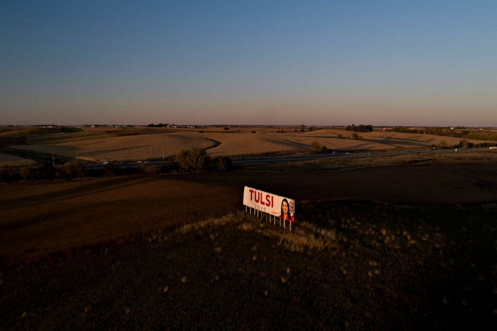 PHOTO: A billboard supporting 2020 presidential candidate Rep. Tulsi Gabbard stands in this aerial image over Williamsburg, Iowa on Oct. 25, 2019.