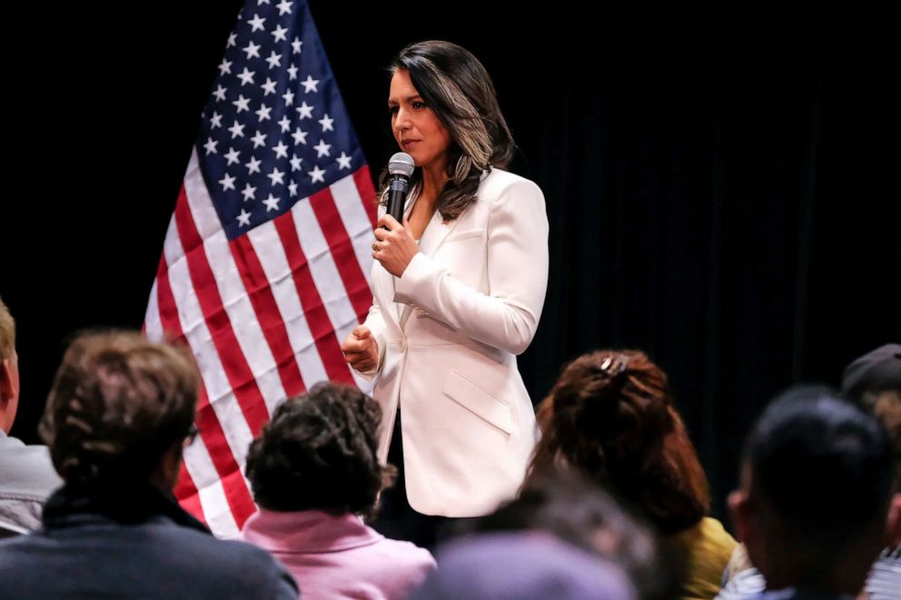 PHOTO: Democratic Presidential Candidate and Hawaii Congresswoman Tulsi Gabbard seen speaking during her political campaign at in Nashua, N.H. on Oct. 1, 2019.