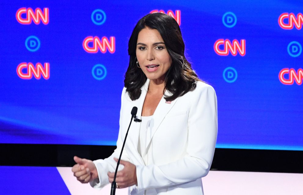 PHOTO: Democratic presidential hopeful US Representative for Hawaii's 2nd congressional district Tulsi Gabbard speaks during the second round of the second Democratic primary debate of the 2020 presidential campaign season hosted by CNN.