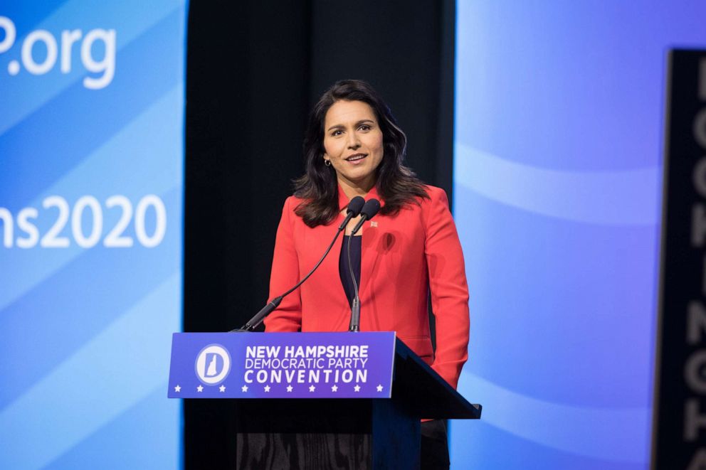 PHOTO: Democratic presidential candidate Rep. Tulsi Gabbard (D-HI) speaks during the New Hampshire Democratic Party Convention at the SNHU Arena  on September 7, 2019 in Manchester, New Hampshire.