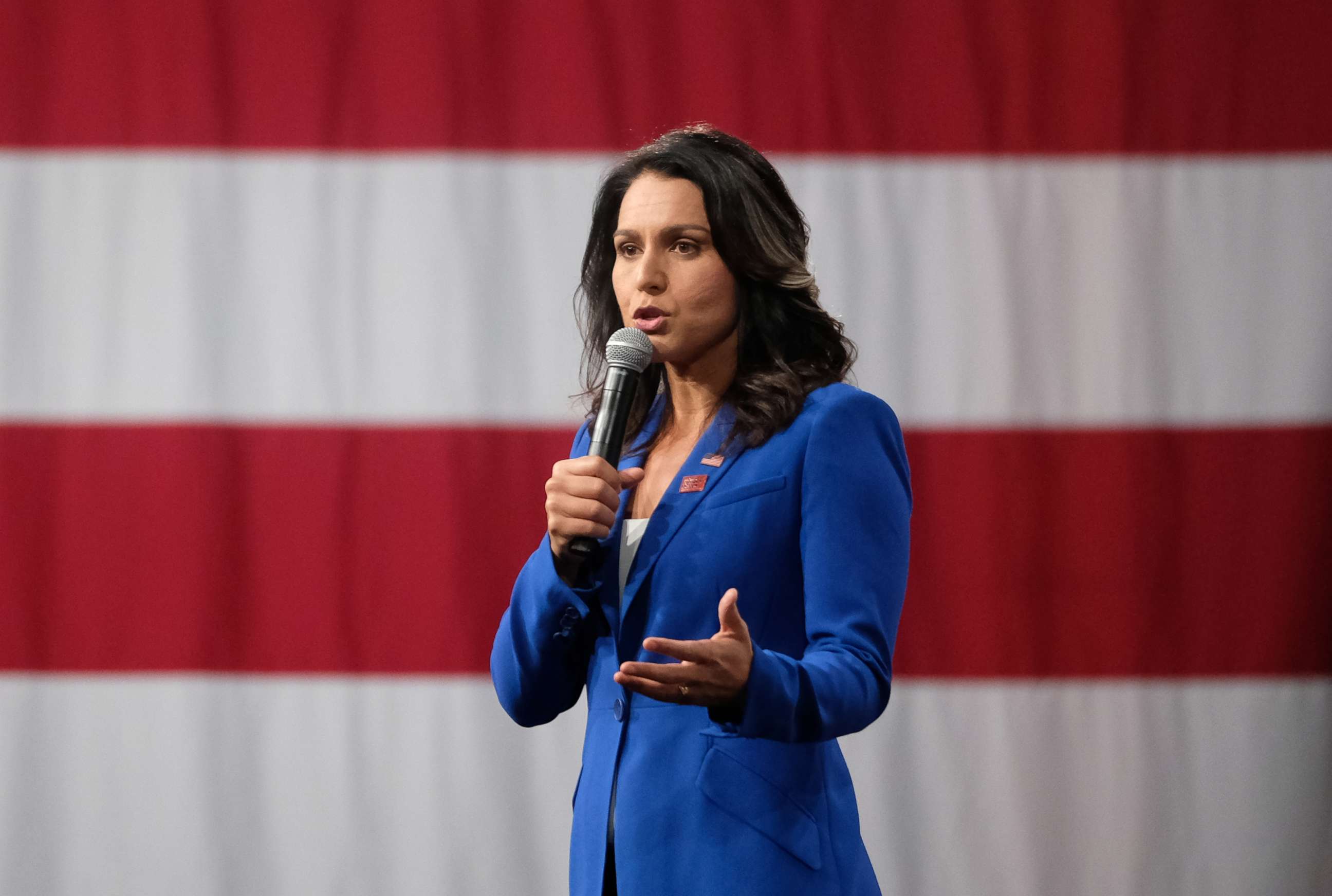 PHOTO: Representative Tulsi Gabbard, a Democrat from Hawaii and 2020 presidential candidate, speaks during the Everytown for Gun Safety Presidential Gun Sense Forum, in Des Moines Iowa, U.S., on Saturday, Aug. 10, 2019.