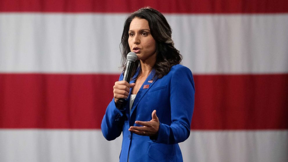 PHOTO: Representative Tulsi Gabbard, a Democrat from Hawaii and 2020 presidential candidate, speaks during the Everytown for Gun Safety Presidential Gun Sense Forum, in Des Moines Iowa, U.S., on Saturday, Aug. 10, 2019.
