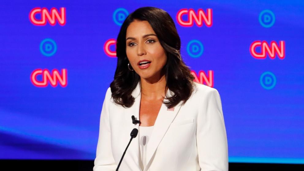 PHOTO: In this July 31, 2019 file photo, Rep. Tulsi Gabbard, D-Hawaii, speaks during a Democratic presidential primary debate in Detroit. 