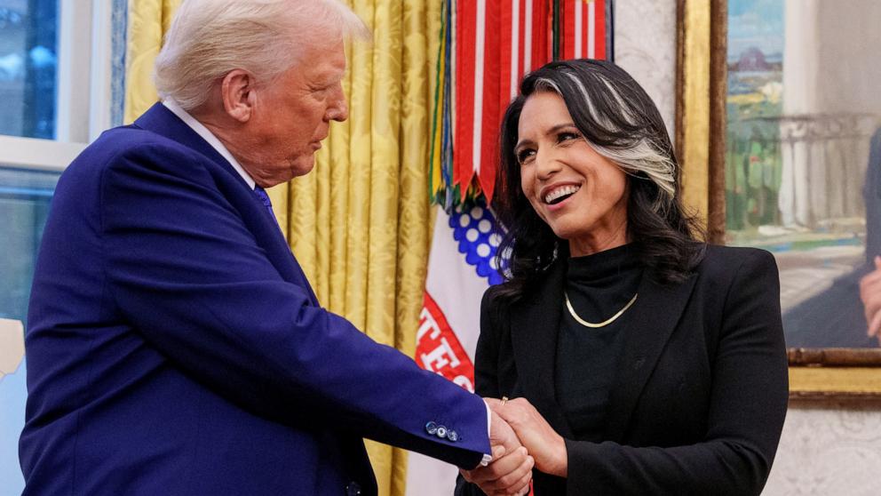 PHOTO: Newly sworn in Director of National Intelligence Tulsi Gabbard shakes hands with President Donald Trump in the Oval Office at the White House, Feb. 12, 2025 in Washington.