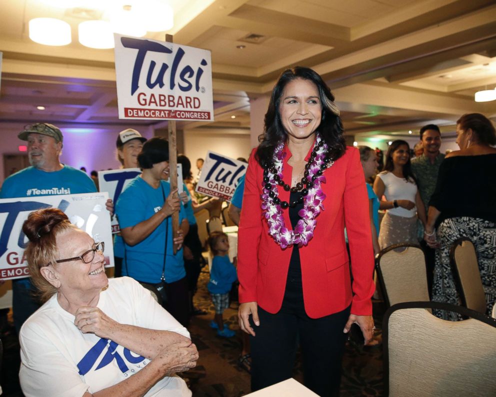 PHOTO: Rep. Tulsi Gabbard, D-Hawaii, greets supporters, Nov. 6, 2018, in Honolulu. 