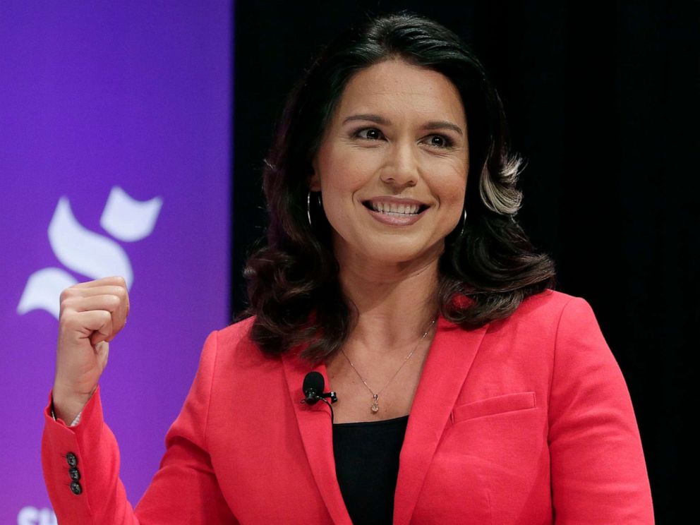 PHOTO: Democratic presidential candidate Rep. Tulsi Gabbard answers questions during a presidential forum held by She The People on the Texas State University campus, April 24, 2019, in Houston.