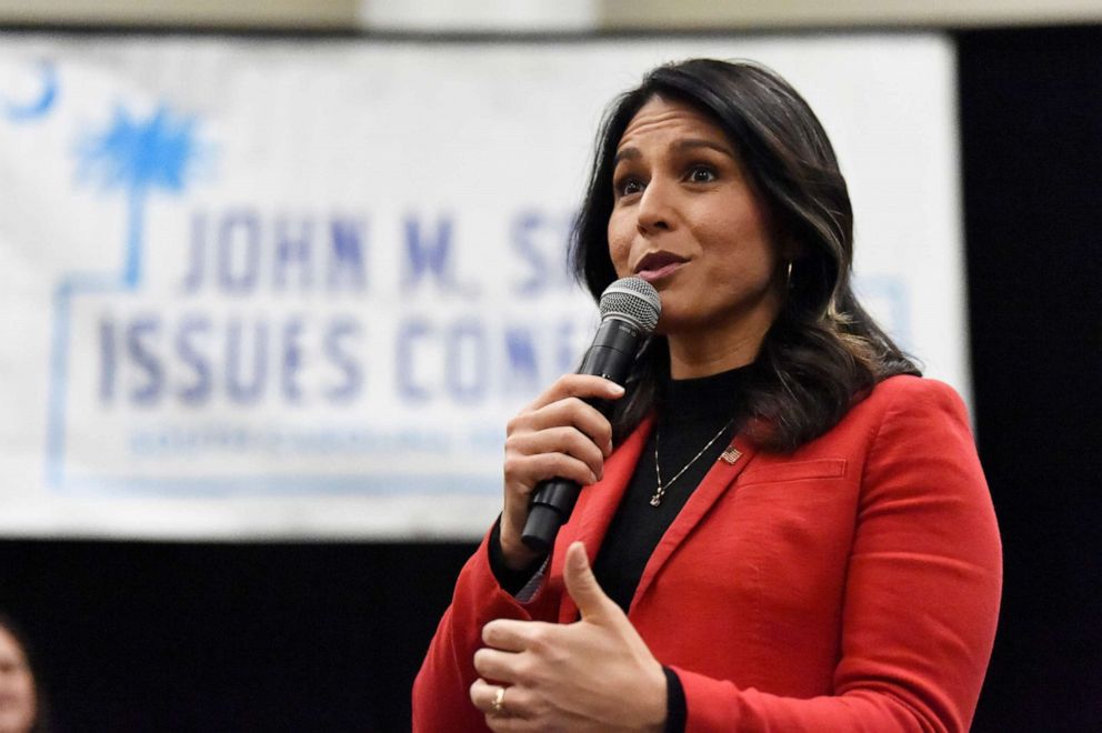 PHOTO: Democratic presidential candidate Rep. Tulsi Gabbard speaks to Democrats gathered at the Spratt Issues Conference in Greenville, S.C., Dec. 14, 2019.