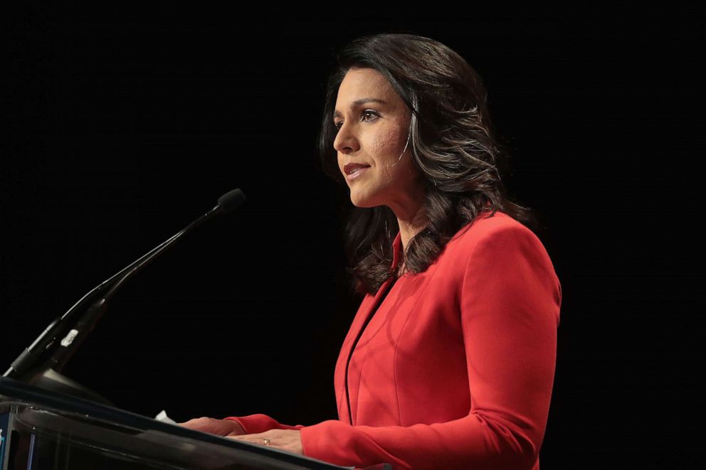 PHOTO: Democratic presidential candidate and Hawaii congresswoman Tulsi Gabbard speaks at the Iowa Democratic Party's Hall of Fame Dinner on June 9, 2019, in Cedar Rapids, Iowa.