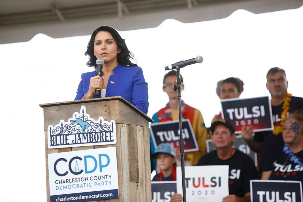 PHOTO: Democratic presidential candidate, Rep. Tulsi Gabbard, addresses the crowd at the Blue Jamboree on Oct. 5, 2019, in North Charleston, S.C.