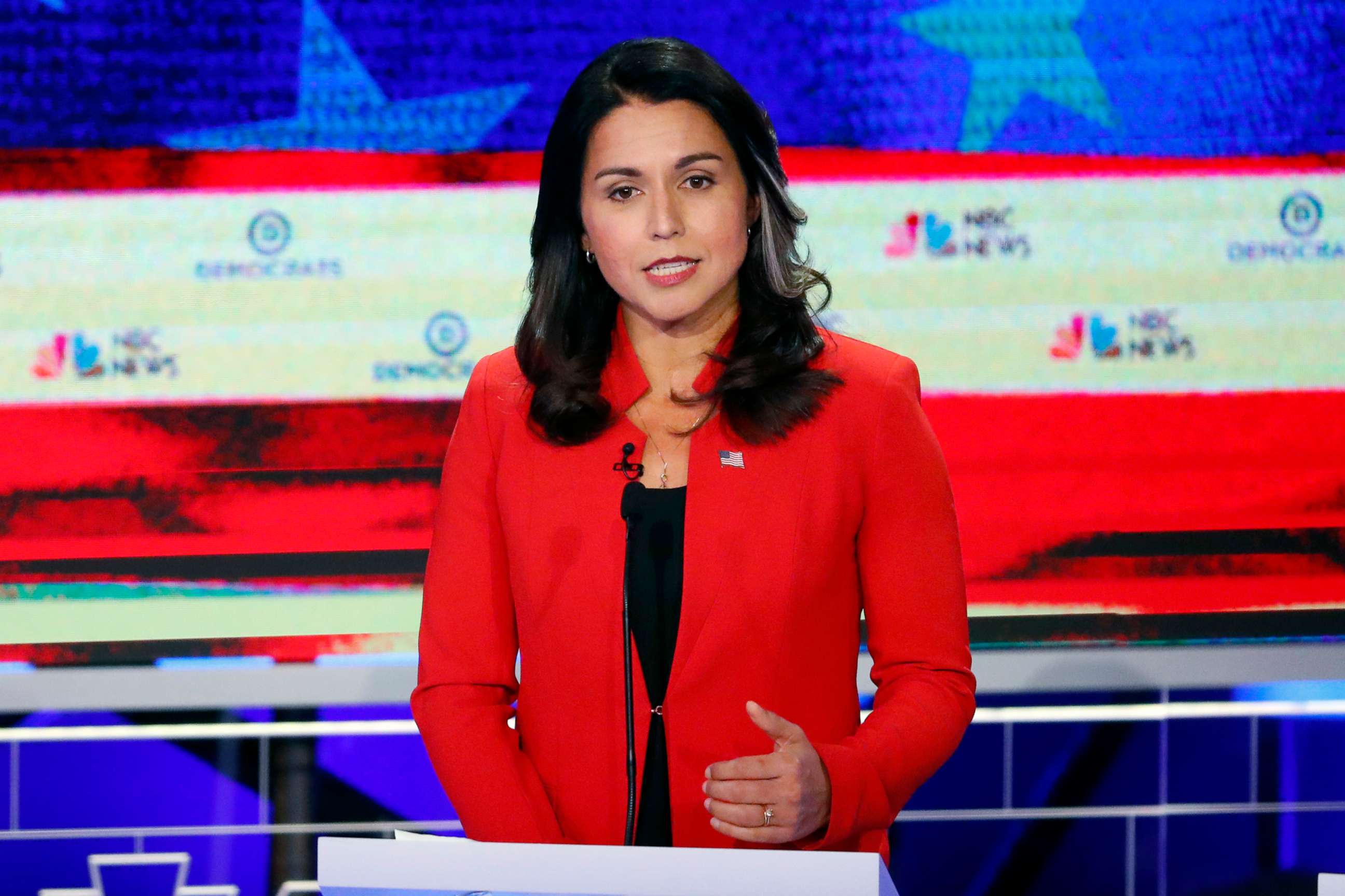 PHOTO: Tulsi Gabbard participates in the first Democratic primary debate hosted by NBC News at the Adrienne Arsht Center for the Performing Arts in Miami, Florida, June 26, 2019.