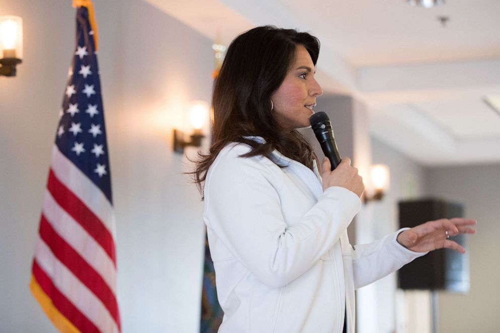 PHOTO: Democratic presidential candidate Rep. Tulsi Gabbard speaks during a campaign event, Feb. 9, 2020, in Portsmouth, New Hampshire.