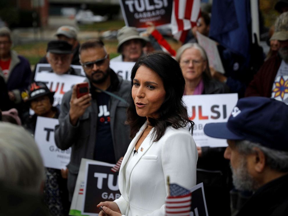 PHOTO: Democratic Presidential candidate Tulsi Gabbard greets supporters after filing her declaration of candidacy papers to appear on the 2020 New Hampshire primary election ballot at the State House in Concord, New Hampshire, Nov. 5, 2019.
