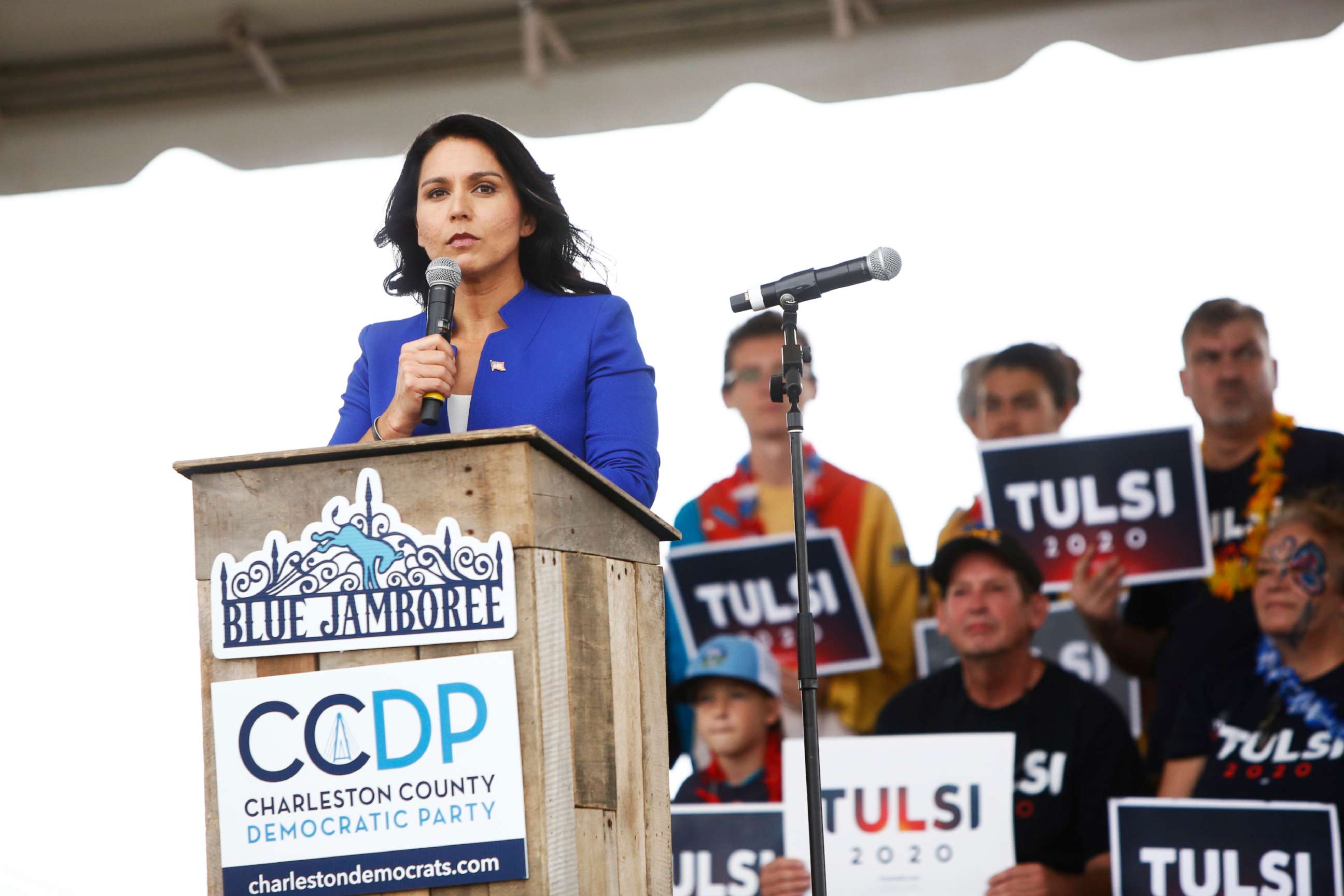 PHOTO: Democratic presidential candidate, Rep. Tulsi Gabbard addresses the crowd at the Blue Jamboree on Oct. 5, 2019 in North Charleston, S.C.