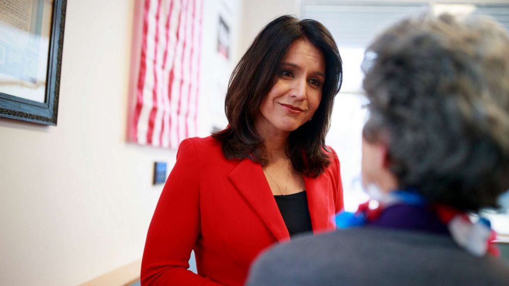 PHOTO: Democratic presidential candidate Tulsi Gabbard speaks to veterans during a campaign rally, April 16, 2019, in Iowa City, Iowa.