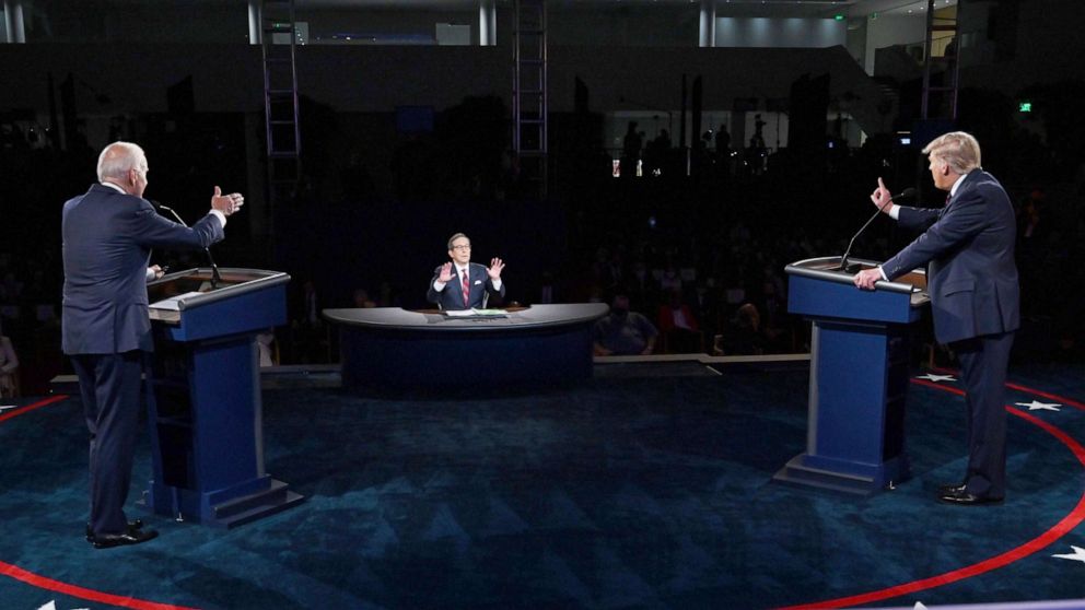 PHOTO: Democratic presidential candidate Joe Biden and  President Donald Trump have one of  many animated exchanges during the first presidential debate moderated by Chris Wallace in Cleveland,  Sept. 29, 2020.
