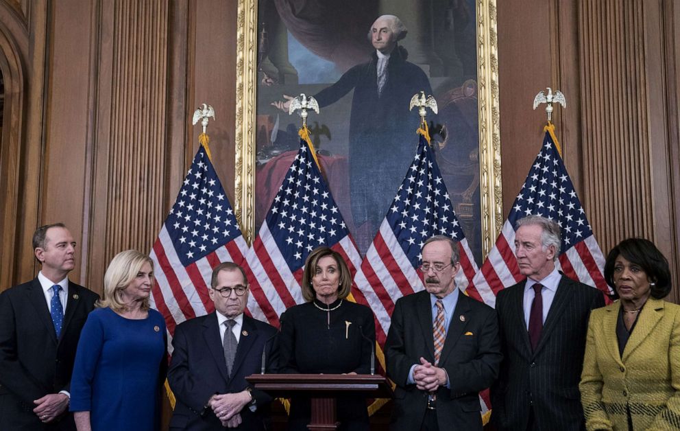PHOTO: Speaker of the House Nancy Pelosi delivers remarks alongside fellow Democratic chairpersons following the House of Representatives vote to impeach President Donald Trump, Dec. 18, 2019 in Washington.