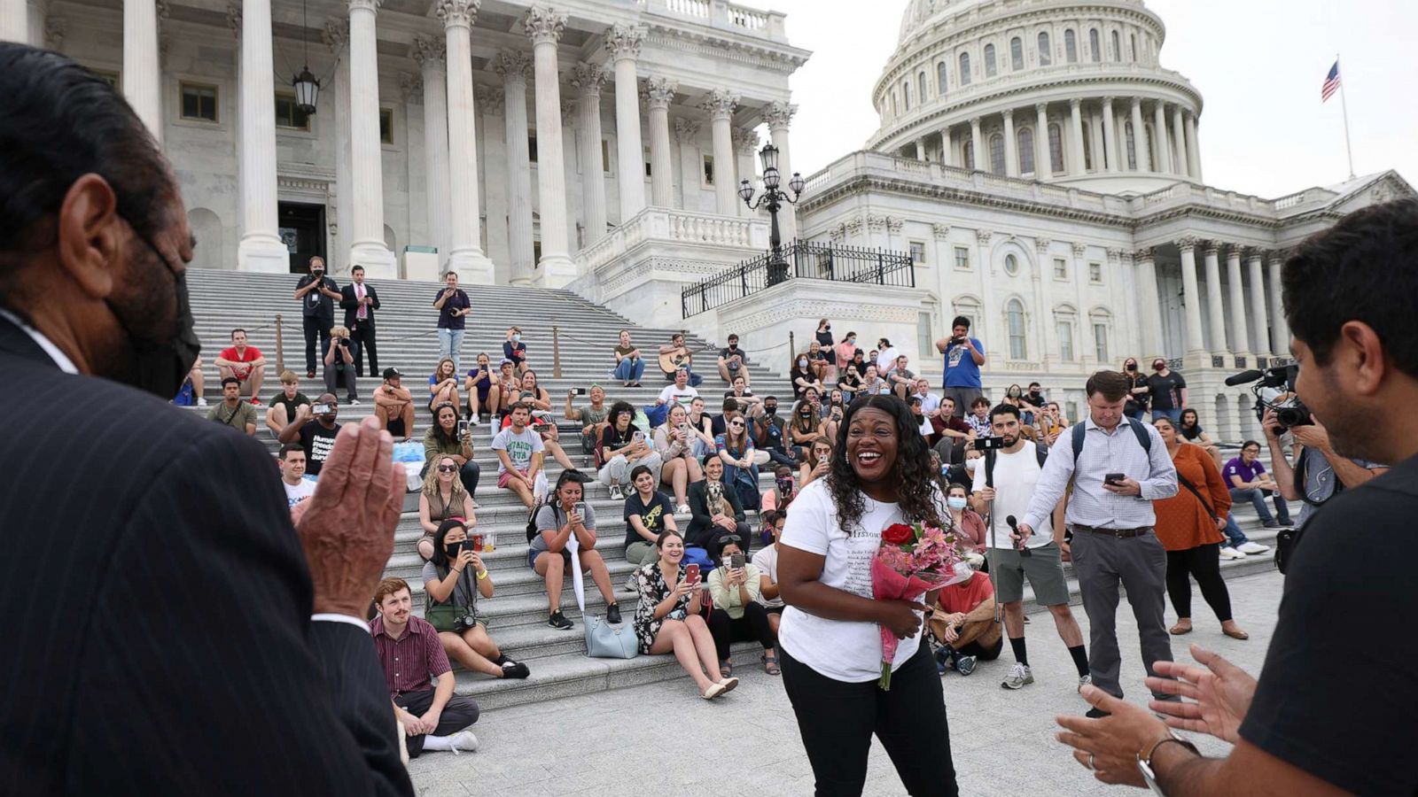 PHOTO: Rep. Cori Bush speaks at a rally in support of the eviction moratorium at the U.S. Capitol on Aug. 3, 2021, in Washington, D.C. Bush slept on the steps of the Capitol building for several days to pressure the Biden administration to act.