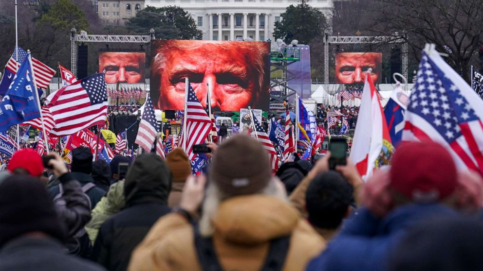 PHOTO: President Donald Trump appears on video screens in front of supporters during a rally in Washington, D.C., on the morning of Jan. 6, 2021.