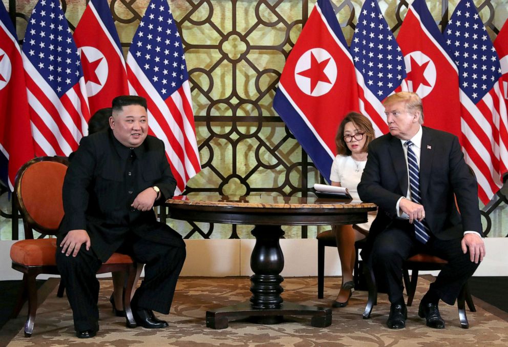 PHOTO: President Donald Trump looks towards North Korean leader Kim Jong Un during their one-on-one bilateral meeting at the second North Korea-U.S. summit in Hanoi, Vietnam, Feb. 28, 2019.