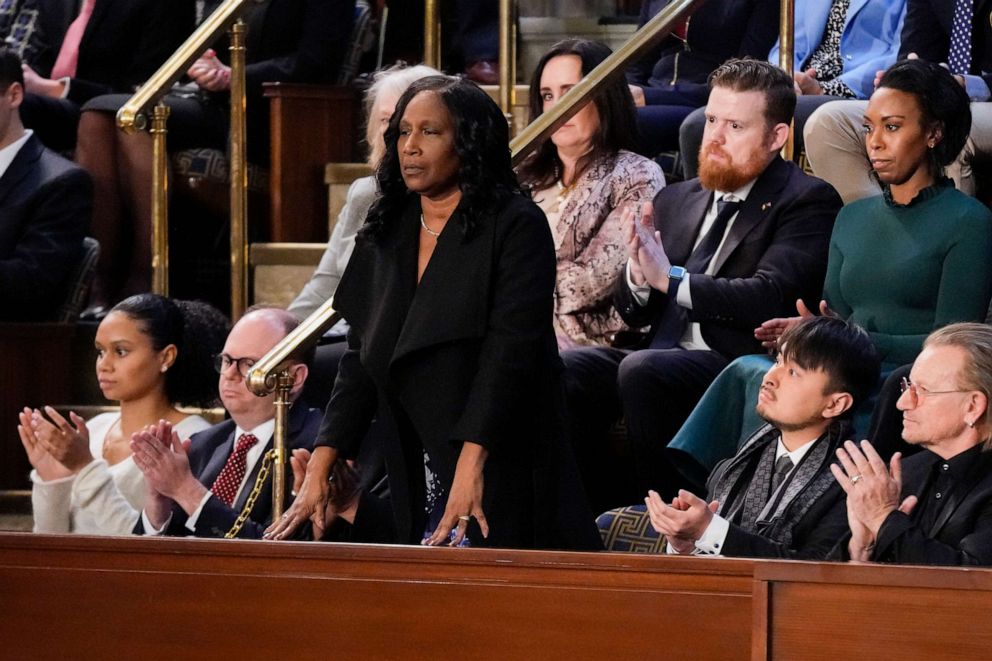 PHOTO: RowVaughn Wells, mother of Tyre Nichols, who died after being beaten by Memphis police officers, stands as she is recognized by President Joe Biden as he delivers the State of the Union address at the Capitol in Washington, Feb. 7, 2023.