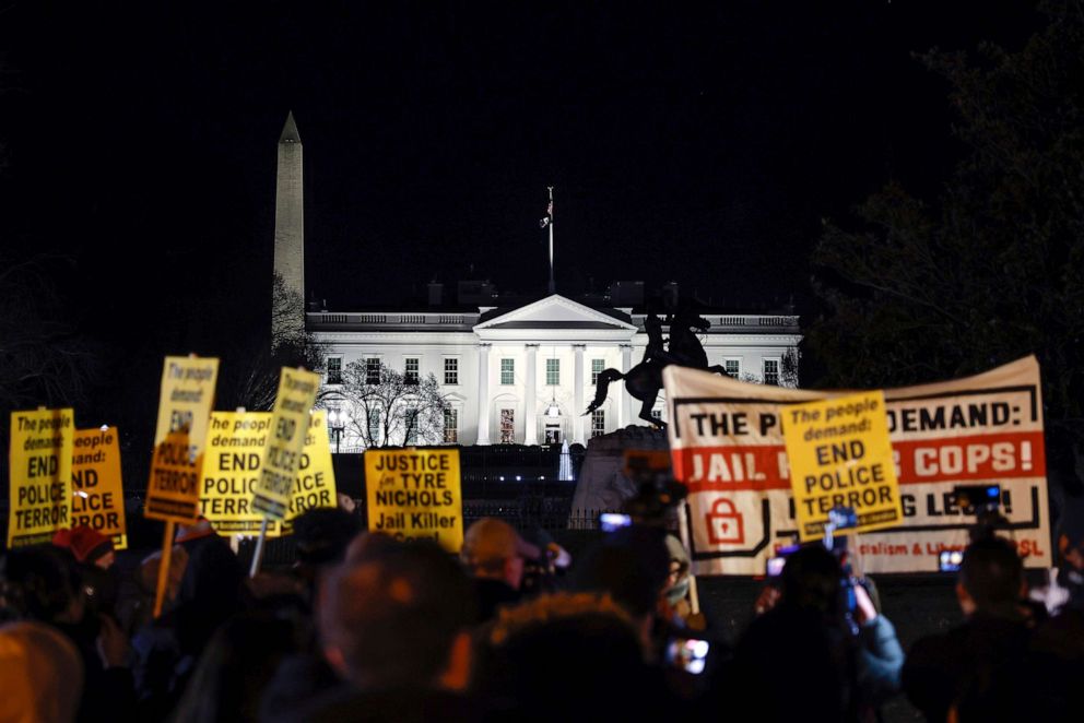 PHOTO: Demonstrators participate in a protest near the White House against the police killing of Tyre Nichols on Jan. 27, 2023, in Washington, D.C.