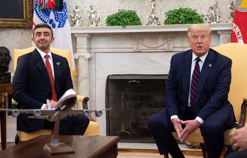 PHOTO: President Donald Trump meets with UAE Foreign Minister Abdullah bin Zayed Al-Nahyanin in the Oval Office of the White House, Sept. 15, 2020, prior to the signing of the Abraham Accords.