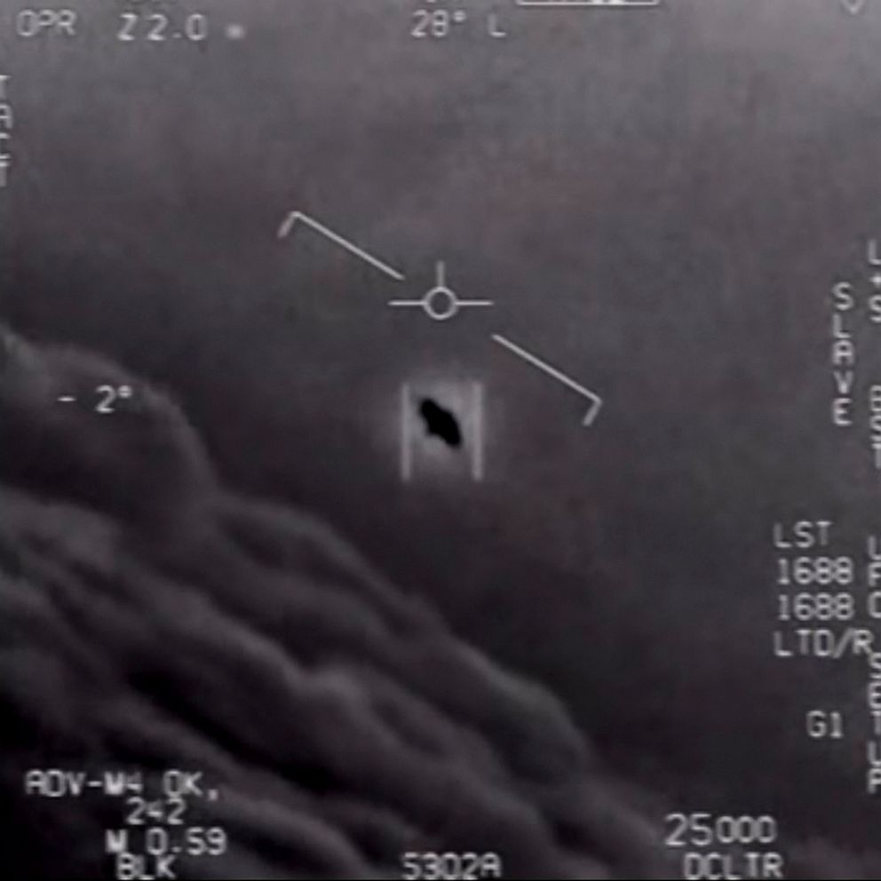 PHOTO: This video grab image obtained April 28, 2020, courtesy of the U.S. Department of Defense shows part of an unclassified video taken by Navy pilots that have circulated for years showing interactions with "unidentified aerial phenomena".