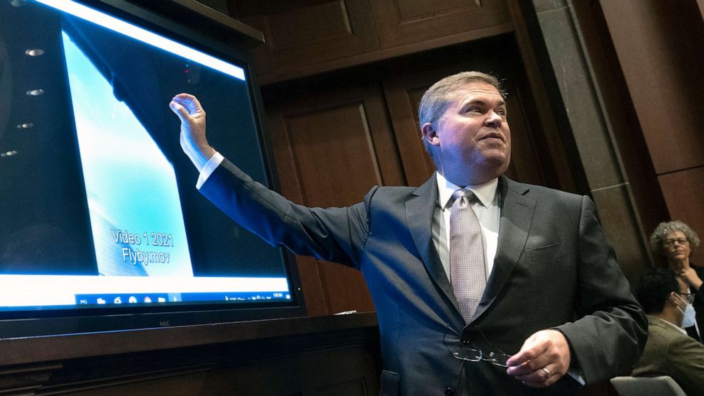 PHOTO: Deputy Director of Naval Intelligence Scott Bray explains a video of an unidentified aerial phenomena, as he testifies before a House Intelligence Committee subcommittee hearing at the U.S. Capitol on May 17, 2022 in Washington, DC.