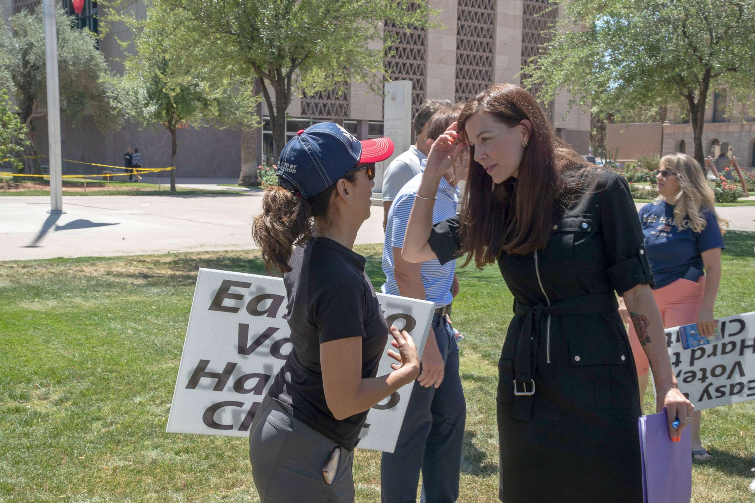 PHOTO: Sen. Michelle Ugenti-Rita speak at a press conference at the Arizona State Capitol on April 19, 2021 to support legislation that would change Arizona's election laws.