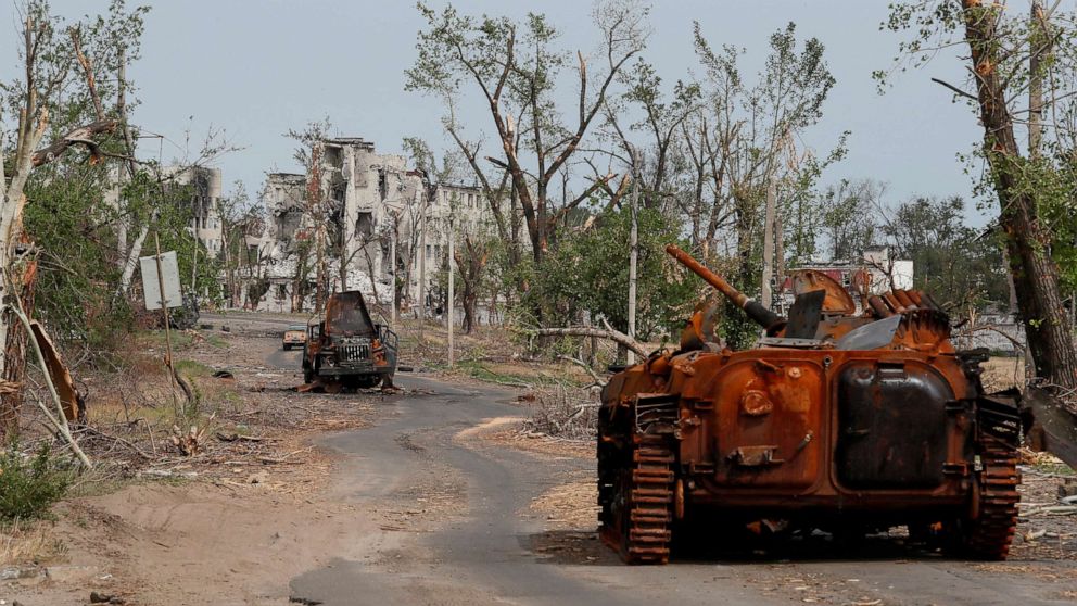 PHOTO: A view shows military vehicles destroyed during Ukraine-Russia conflict in the town of Rubizhne in the Luhansk region, Ukraine June 1, 2022.