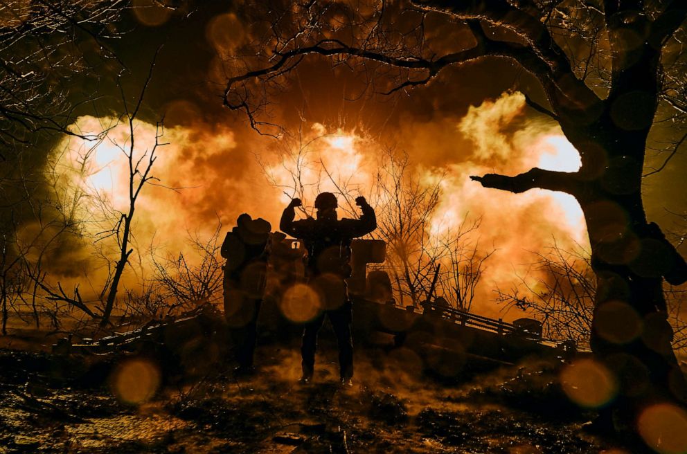 PHOTO: Ukrainian soldiers fire artillery towards Russian positions near Bakhmut, Donetsk region, Ukraine, Nov. 20, 2022.