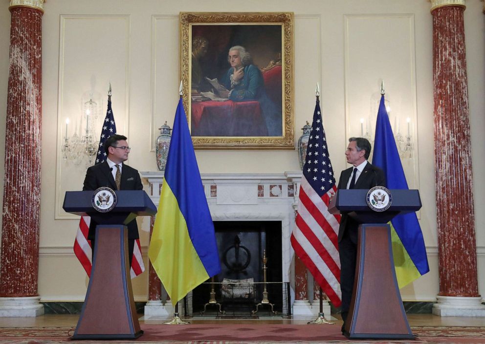 PHOTO: Secretary of State Antony Blinken and Ukraine's Foreign Minister Dmytro Kuleba talk at a news conference following the U.S.-Ukraine Strategic Dialogue talks at the State Department in Washington, D.C., Nov. 10, 2021. 