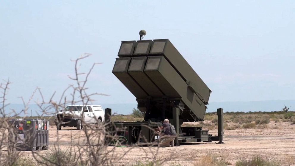 PHOTO: A National Advanced Surface-to-Air Missile (NASAM) launcher is set up by contractors at White Sands Missile Range, New Mexico, Aug. 26, 2020.