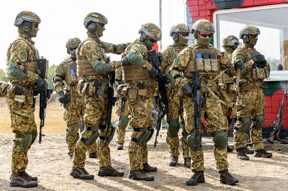 PHOTO: Ukrainian servicemen  during the tactical-special drills of the Ministry of Internal Affairs units with participation of top Ukrainian officials on the shooting range in the village of Stare, Ukraine, Sept. 30, 2019.