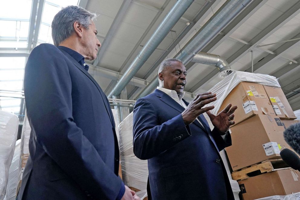 PHOTO: Defense Secretary Lloyd Austin and Secretary of State Antony Blinken speak with reporters in Poland on April 25, 2022, after returning from their trip to Kyiv and meeting with Ukrainian President Volodymyr Zelenskiy.