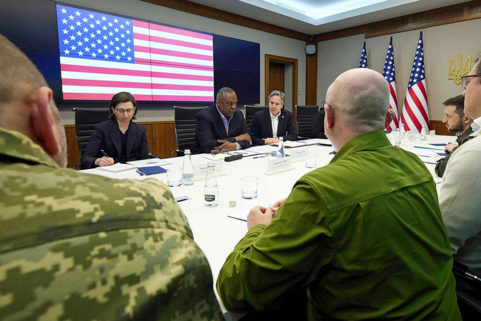 PHOTO: Secretary of Defense Lloyd Austin and Secretary of State Antony Blinken attend a meeting with Ukrainian President Volodymyr Zelenskyy in Kyiv, Ukraine, April 24, 2022.