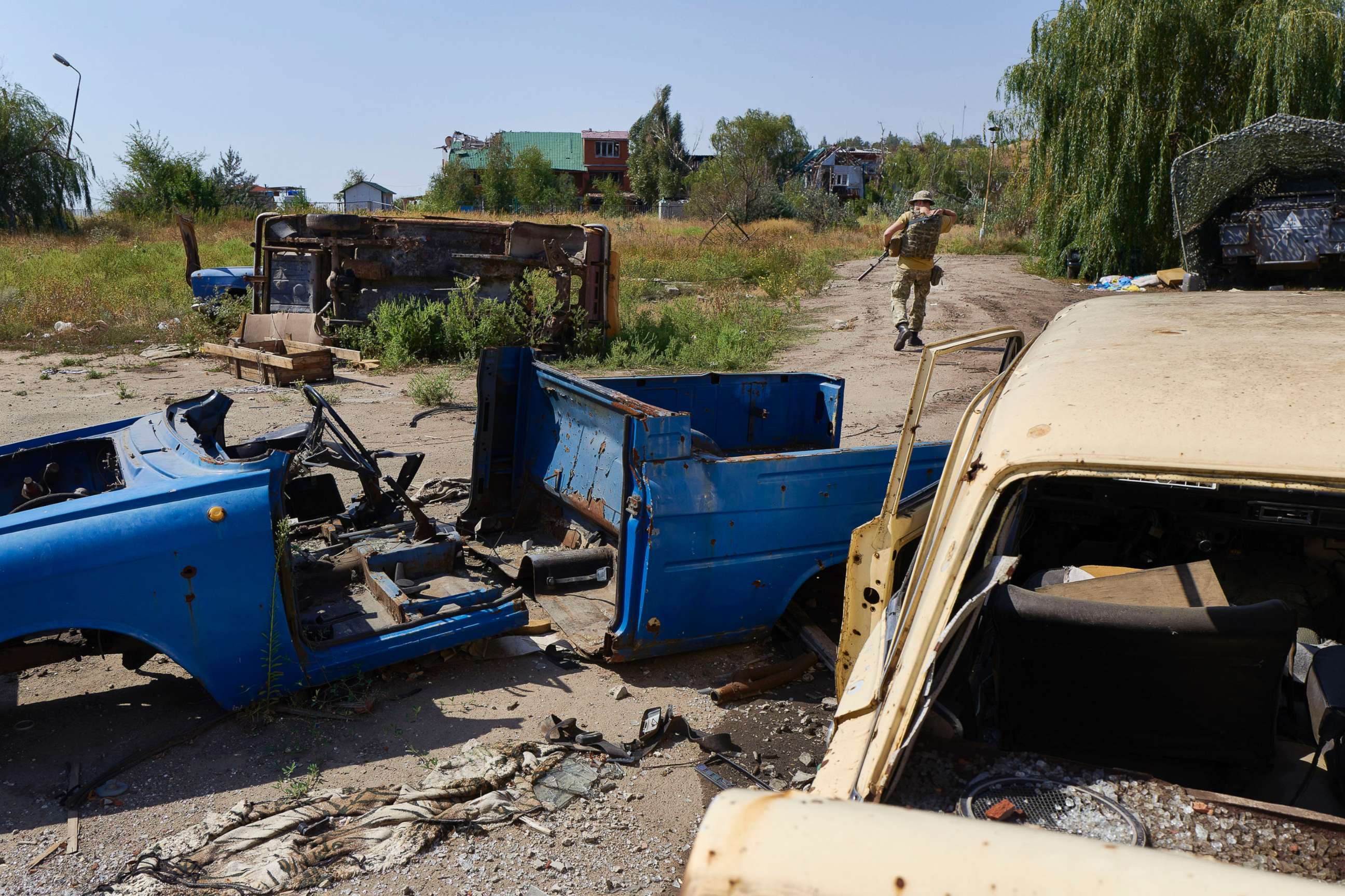 PHOTO: A Ukrainian serviceman walks on the frontline, Sept. 09, 2017 in Shyrokyne, Ukraine. The sea side resort has been reduced to rubble after two and half years of artillery fire between Russia-backed separatists and Ukrainian forces.