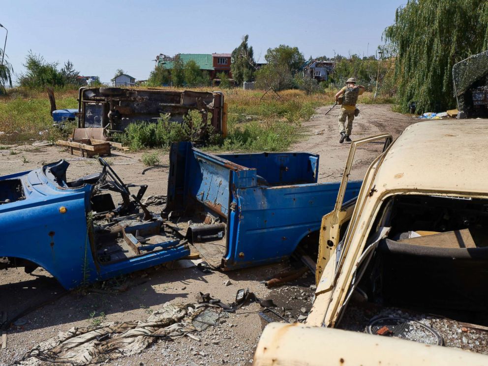 PHOTO: A Ukrainian serviceman walks on the frontline, Sept. 09, 2017 in Shyrokyne, Ukraine. The sea side resort has been reduced to rubble after two and half years of artillery fire between Russia-backed separatists and Ukrainian forces.