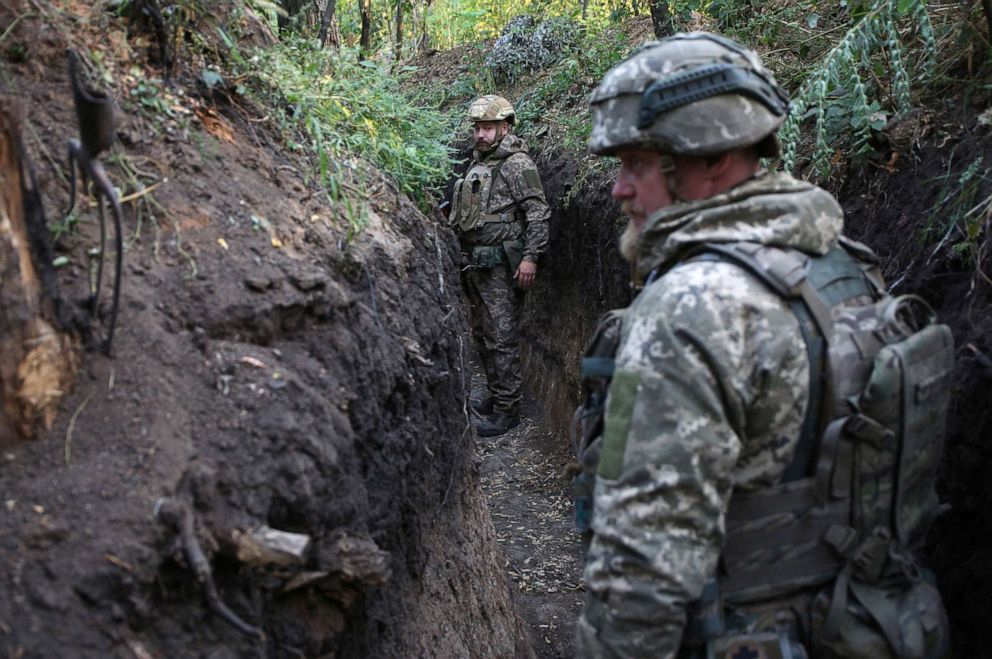 PHOTO: Ukrainian marines are seen in a trench on the frontline with Russia-backed separatists not far from the separatist stronghold of Donetsk in eastern Ukraine, Sept. 14, 2021. 