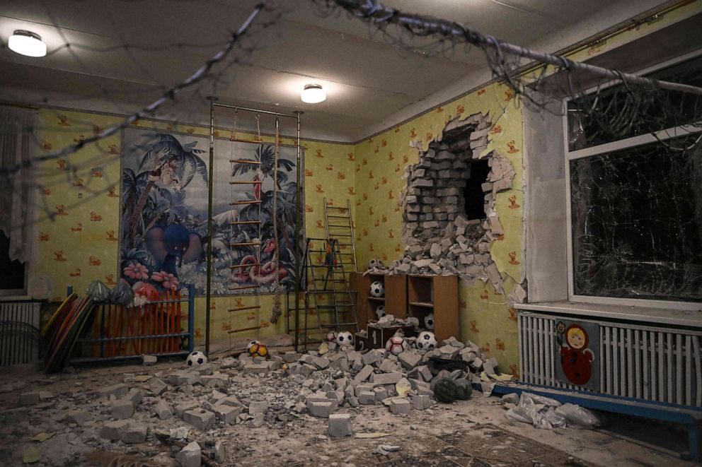 PHOTO: A photograph shows debris after the reported shelling of a kindergarden in the settlement of Stanytsia Luhanska, Ukraine, on Feb. 17, 2022.