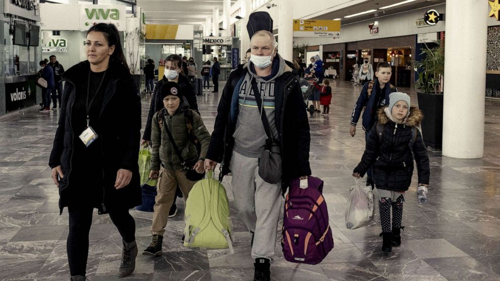 PHOTO: FILE - Ukrainian refugees arrive at Tijuana International Airport in Tijuana, Mexico, April 22, 2022.
