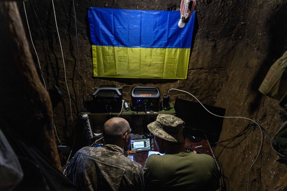 PHOTO: Soldiers operate a drone from their foxhole position with the 110th Brigade, a Territorial Defense unit, in Novodarivka settlement, Luhansk Oblast, Ukraine on July 05, 2023.