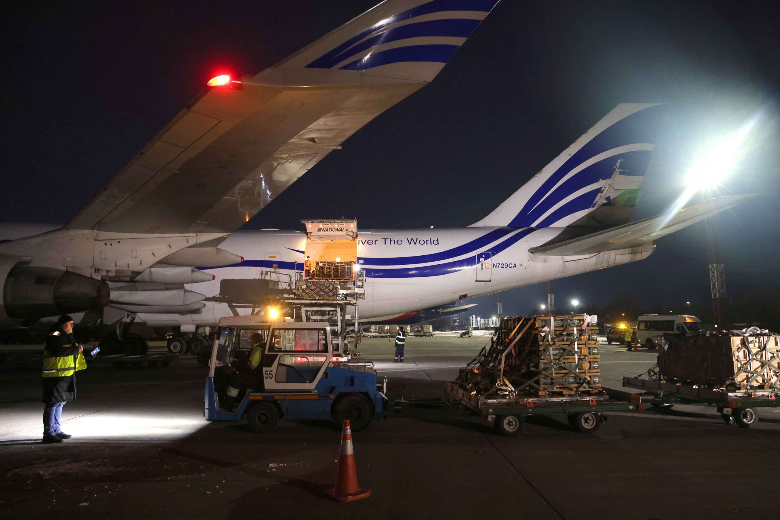 PHOTO: Weapons and other military hardware delivered by the United States military are unloaded at Boryspil Airport near Kyiv, Ukraine, Jan. 25, 2022. 