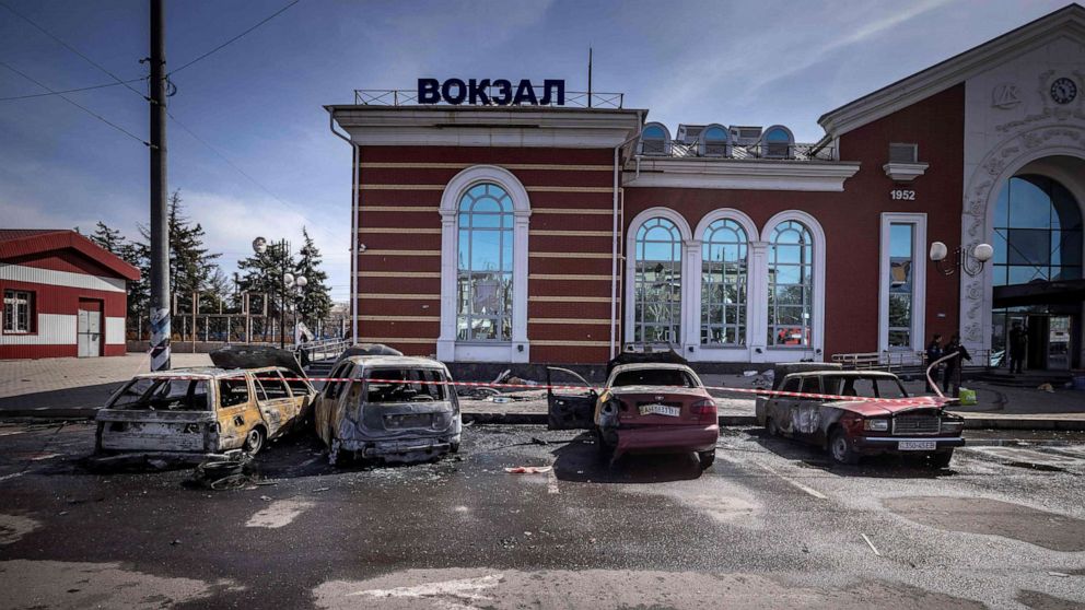 PHOTO: Calcinated cars are pictured outside a train station in Kramatorsk, eastern Ukraine, that was being used for civilian evacuations, after it was hit by a rocket attack killing at least 35 people, on April 8, 2022.