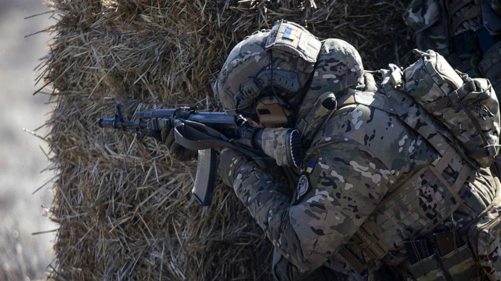 PHOTO: In this March 4, 2023, file photo, Ukrainian soldiers are seen during their shooting training at the front with US-made weapons, in Zaporizhzhia, Ukraine.