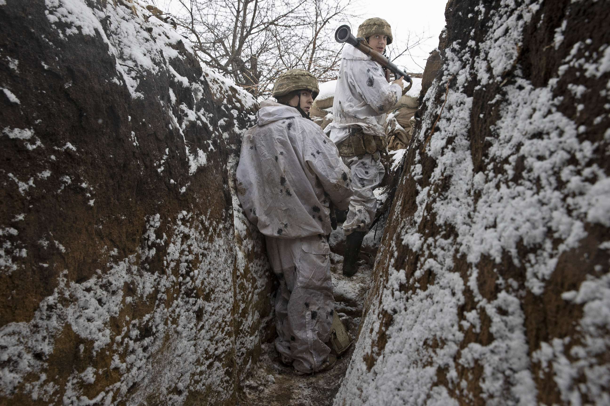 PHOTO: Ukrainian soldiers are pictured on the front line of Katerynivka, in the Luhansk province of eastern Ukraine, Jan. 18, 2022.