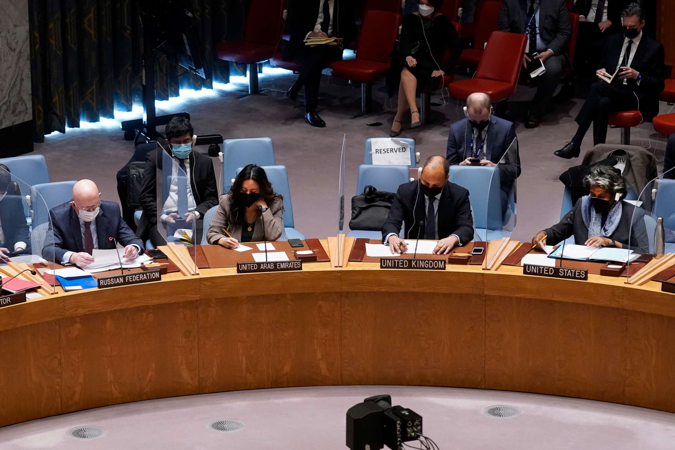 PHOTO: Russia's UN Ambassador Vasily Nebenzya, left, addresses the United Nations Security Council, before a vote, as United Staes Ambassador Linda Thomas-Greenfield listens, at right, Jan. 31, 2022.