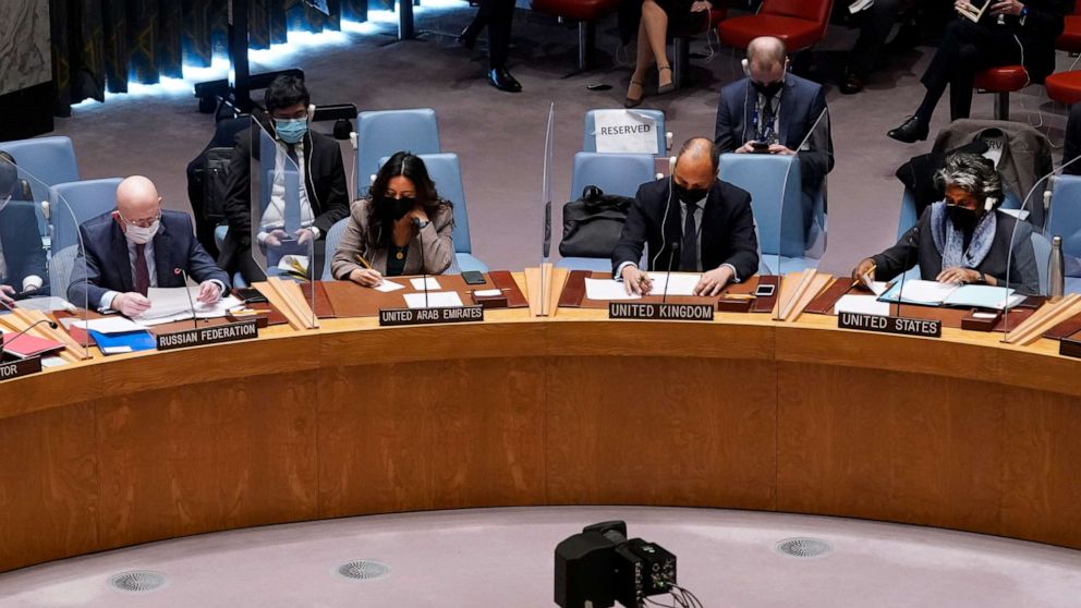 PHOTO: Russia's UN Ambassador Vasily Nebenzya, left, addresses the United Nations Security Council, before a vote, as United Staes Ambassador Linda Thomas-Greenfield listens, at right, Jan. 31, 2022.
