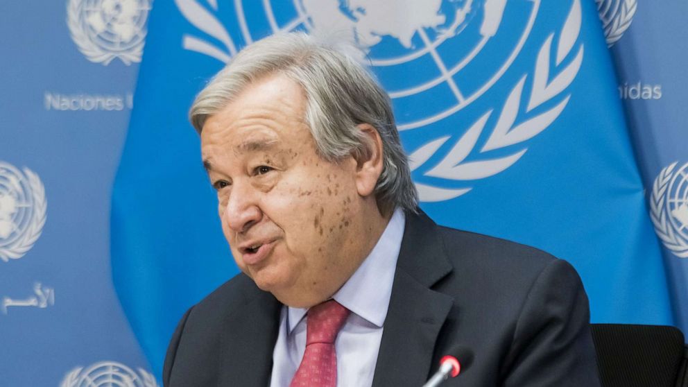 PHOTO: United Nations Secretary-General Antonio Guterres talks with reporters during a press conference held in advance of next week's General Debate of the United Nations General Assembly at United Nations headquarters in New York, Sept. 14, 2022.