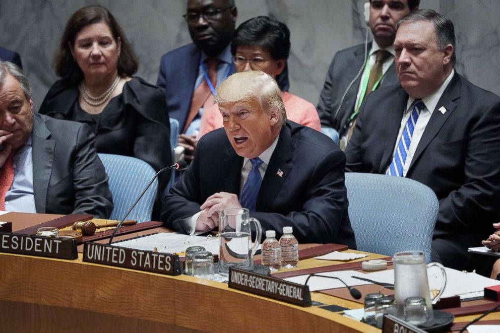 PHOTO: President Donald Trump speaks during the United Nations Security Council briefing on counter-proliferation at the United Nations in New York on the second day of the UN General Assembly, Sept. 26, 2018.